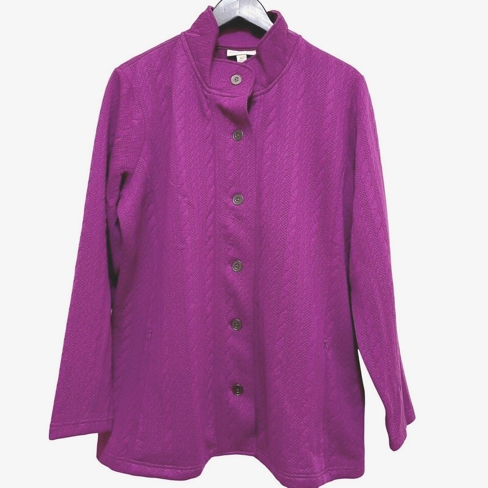 NEW Appleseeds Quilted Faux Cable Knit Cardigan Jacket Button Up Purple XL